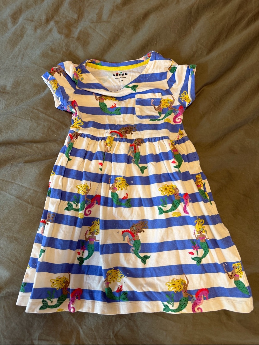 Mini Boden Blue & White Striped Mermaid Print Dress 4-5 Y
